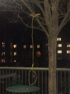 This photo provided by Henry Washington shows a rope noose hung from a tree Wednesday, April 1, 2015, in Durham, N.C. Duke University officials are trying to determine who hung the noose, what the president of the elite Southern school described as a vicious symbol in a region where lynchings were once used to terrorize black residents. (AP Photo/Henry Washington)