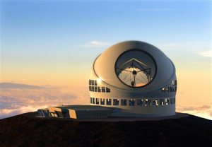 FILE - This undated file artist rendering made available by the TMT Observatory Corporation shows the proposed Thirty Meter Telescope, planned to be built atop Mauna Kea, a large dormand volcano in Hilo on the Big Island of Hawaii in Hawaii. Gov.  About 20 people opposed to building what would be one of the world's largest telescopes on a Hawaii mountain are camped out near the construction site, Tuesday, June 23, 2015, vowing to stop work from resuming.  (AP Photo/TMT Observatory Corporation, File) NO SALES