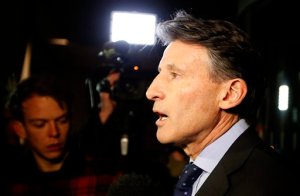IAAF President Sebastian Coe gives a statement to journalists outside his office in London, Friday, Nov. 13, 2015. Russia's track and field federation has been suspended by governing body IAAF.(AP Photo/Frank Augstein)