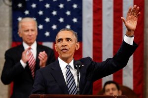 President Barack Obama waves at the conclusion of his State of the Union address to a joint session of Congress on Capitol Hill in Washington, Tuesday, Jan. 12, 2016. (AP Photo/Evan Vucci, Pool)
