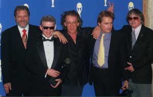 FILE-This Jan. 17, 1996, file photo shows members of the 1960's band "The Jefferson Airplane," from left, Jorma Kaukonen, Jack Casady, Paul Kantner, Marty Balin, and Spencer Dryden posing backstage after the band's induction into the Rock and Roll Hall of Fame in New York. Paul Kantner, an original member of the seminal 1960s rock band Jefferson Airplane and the eventual leader of successor group Jefferson Starship, has died at age 74. He died at a San Francisco hospital on Thursday, Jan. 28, 2016 after falling ill earlier in the week, former girlfriend and publicist Cynthia Bowman told The Associated Press. (AP Photo/Joe Tabacca, File)
