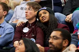 A couple embraces while listening to Democratic presidential candidate Sen. Bernie Sanders, I-Vt., speak during a campaign rally at Chicago State University in Chicago, Thursday, Feb. 25, 2016. (AP Photo/Jacquelyn Martin)