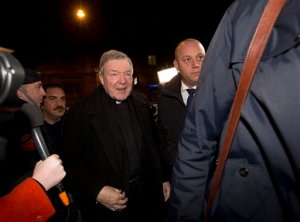 Australian Cardinal George Pell, center, arrives at the Quirinale hotel in Rome, Tuesday, March 1, 2016, to testify via videolink from the Rome hotel to the Royal Commission sitting in Sydney. Cardinal Pell, one of Pope Francis' top advisers, on Tuesday denied an accusation that his testimony to an inquiry into child sex abuse was an attempt to deflect blame for the Catholic Church transferring Australias worst pedophile priest from parish to parish.  (AP Photo/Alessandra Tarantino)