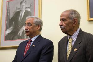 Rep. Bobby Scott, D-Va., ranking member on the House Education and the Workforce Committee, left, stands with Rep. John Conyers, D-Mich. during a news conference on Capitol Hill in Washington, Tuesday, May 17, 2016. Six decades after the Supreme Court outlawed separating students by race, stubborn disparities persist in how the country educates its poor and minority children. A report Tuesday, May 17, 2016, by the nonpartisan Government Accountability Office found deepening segregation of black and Hispanic students nationwide, with a large increase among K-12 public schools.  (AP Photo/Evan Vucci)